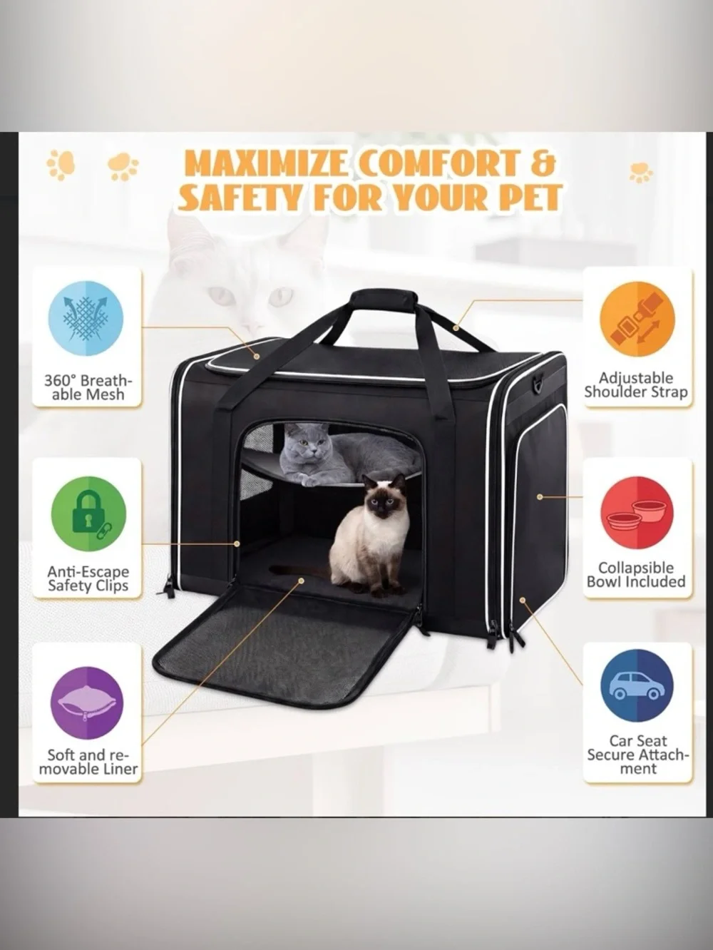 Extra Large Cat Carrier with Built-in Litter Box for Car Travel & Road Trips